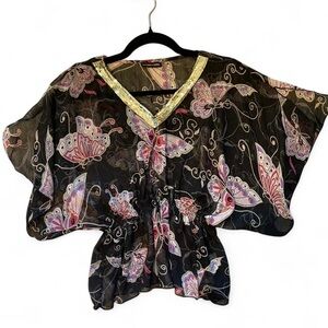 2000s Mary Kate & Ashley Black Butterfly Print Women's Blouse -XS- Gold Sequin